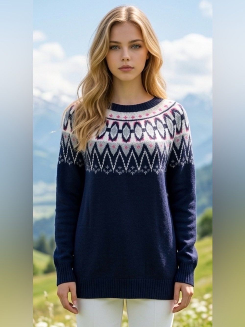 Reitmans Navy Fair Isle Crewneck Sweater with White and Pink Accents